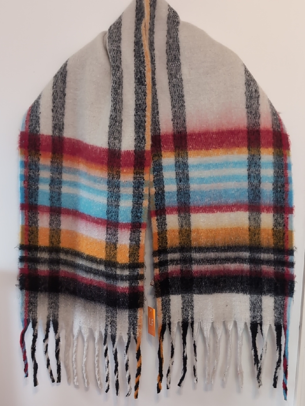 Love of Fashion Beige Blue Plaid Plush Fringe Oversized Scarf New with Tag